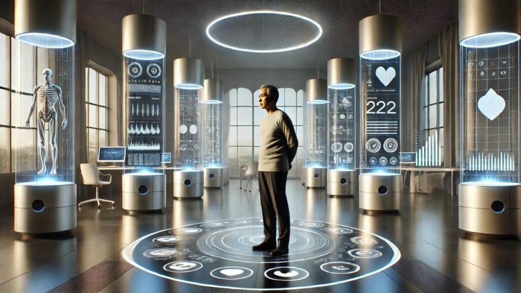 An elderly man in a futuristic room with digital health monitoring displays, showcasing the benefits of longevity tech.