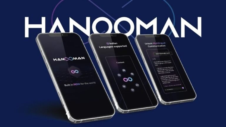 Hanooman AI app interface displayed on three smartphones, supporting 12 Indian languages for multilingual communication.