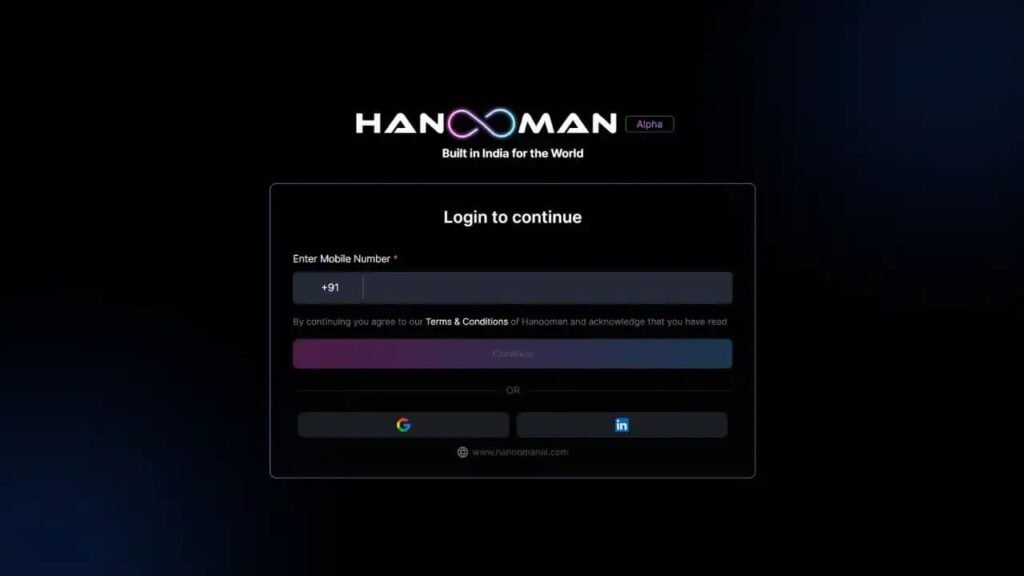 Hanooman AI login screen, showcasing India's advancements in AI technology.