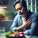 Man holding his chest while sitting at a table with food, illustrating intermittent fasting and heart health risks.