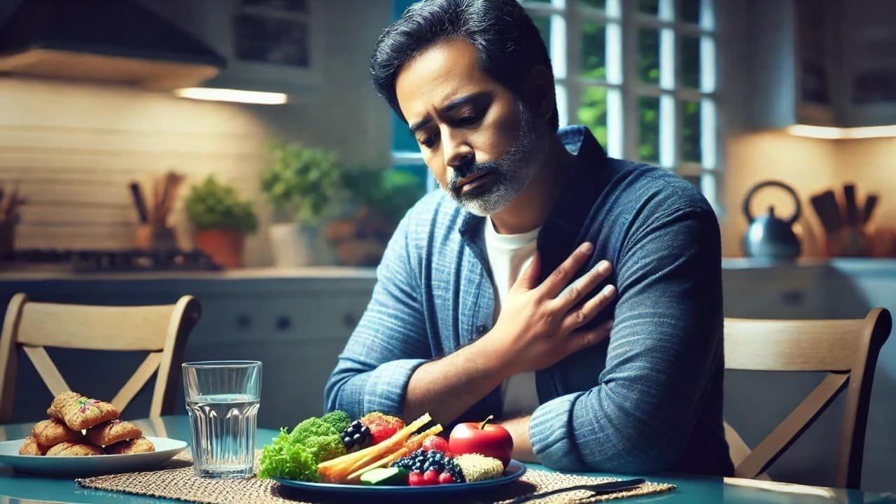 Man holding his chest while sitting at a table with food, illustrating intermittent fasting and heart health risks.