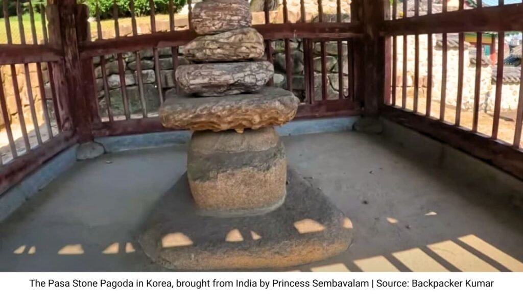 Pasa Stone Pagoda at the memorial of Princess Sembavalam in Korea, showcasing Tamil maritime traditions. 