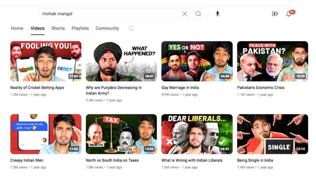 Screenshot of Mohak Mangal's YouTube channel, illustrating the role of YouTube as alternative media.
