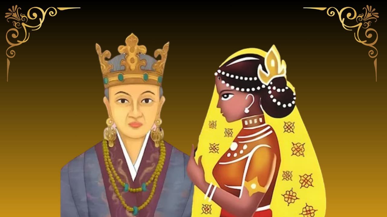 Illustration of Princess Sembavalam as Heo Hwang-ok, depicting her transformation from a Tamil princess to a Korean queen.