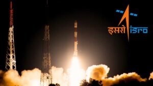 ISRO rocket launch at night with the ISRO logo in the foreground.