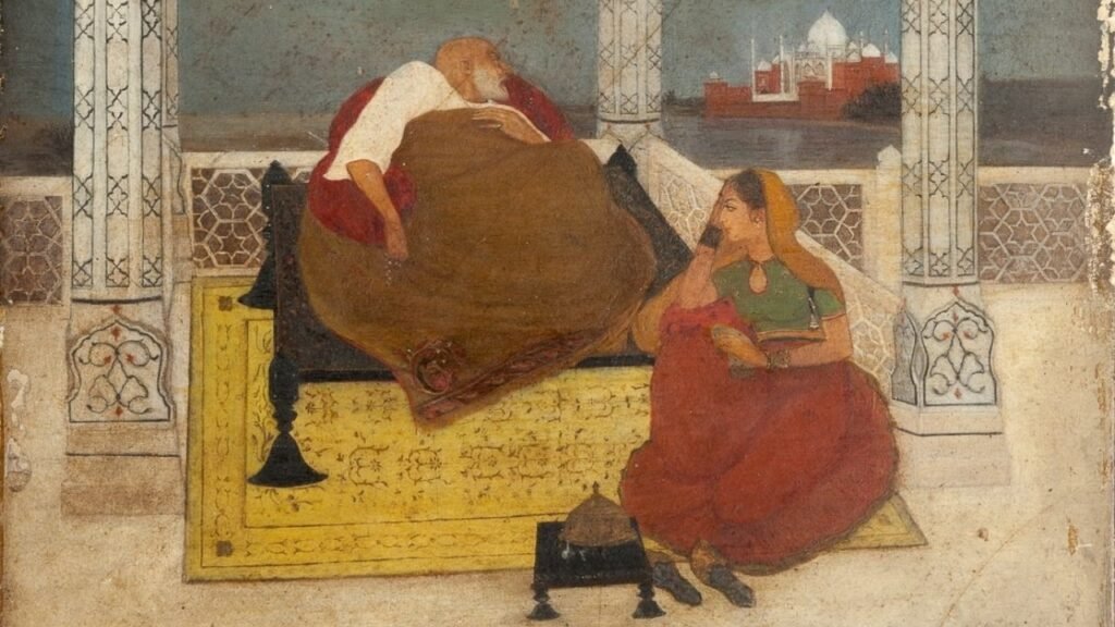 Daughter of Shah Jahan, Jahanara Begum, seated with her father on a terrace overlooking the Taj Mahal.