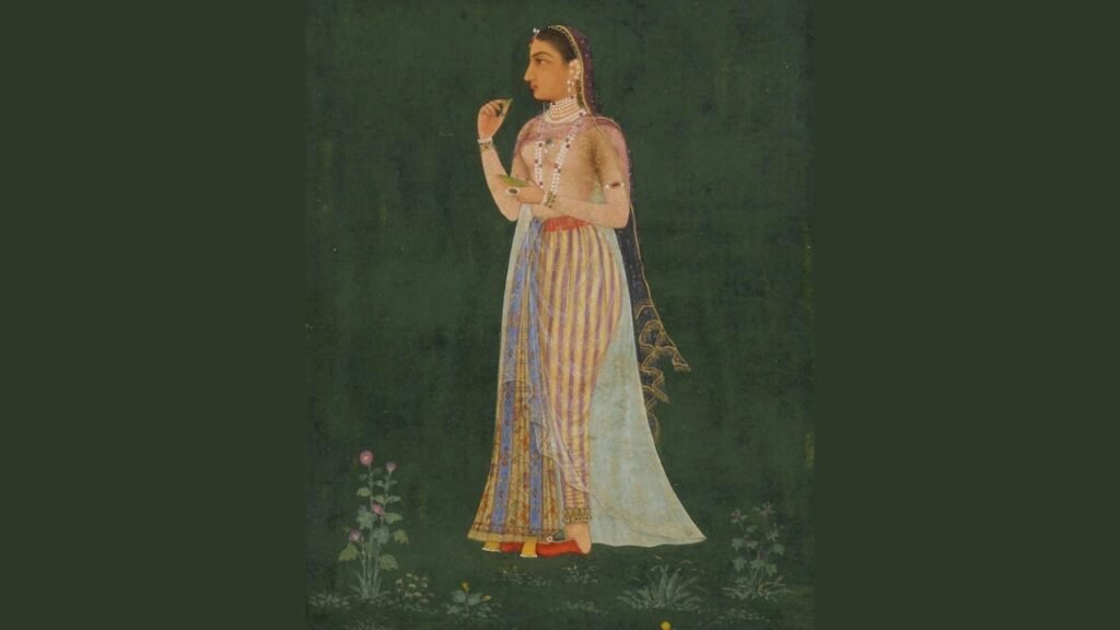 Painting of Jahanara Begum, daughter of Shah Jahan, dressed in traditional Mughal attire, holding a flower.