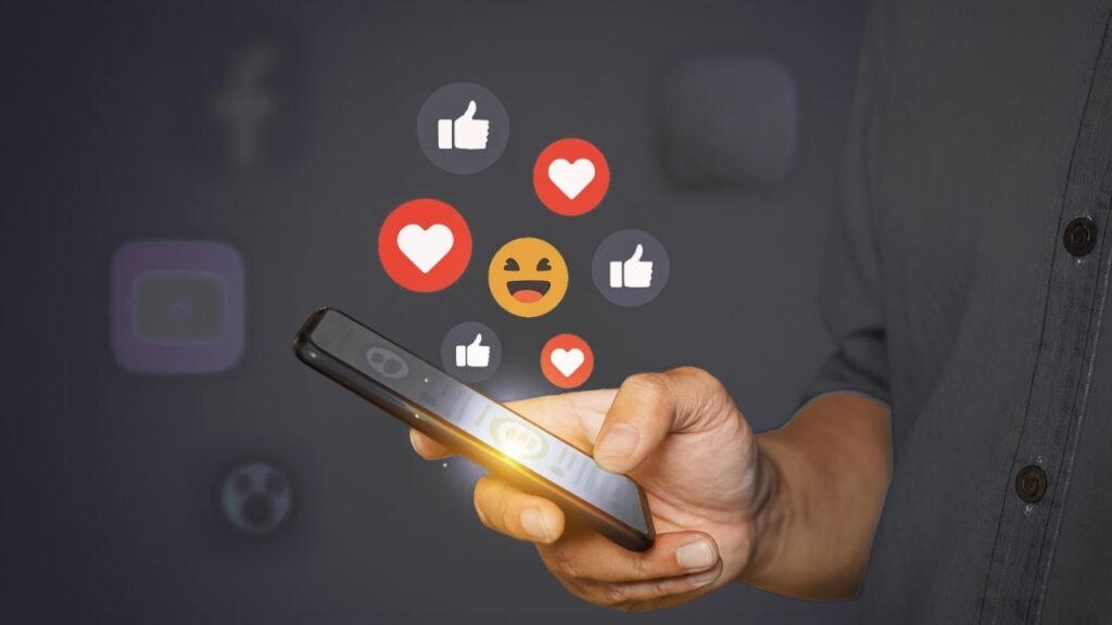 Smartphone with floating social media icons showing echo chambers loop