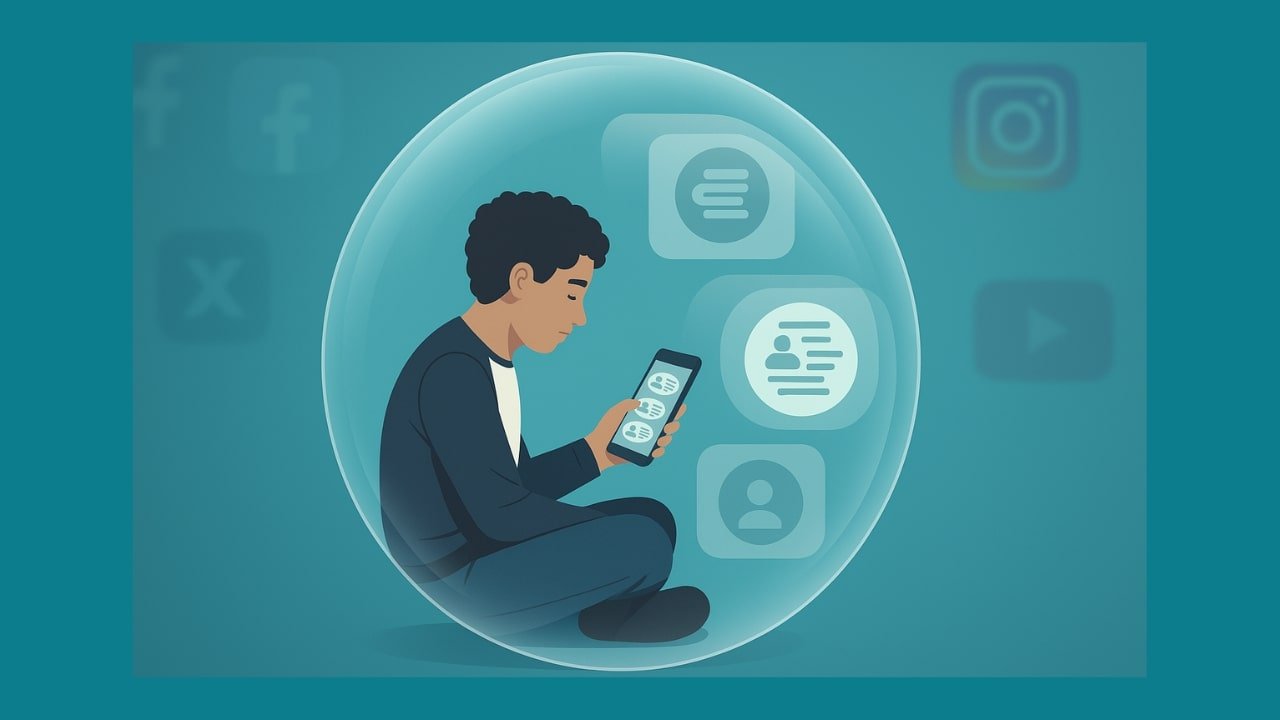 Person in bubble with laptop surrounded by social media echo chambers