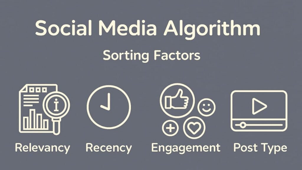 Infographic on social media algorithms relevancy recency engagement post type