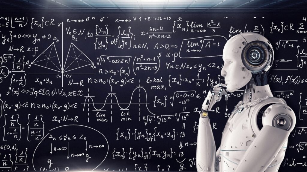 Robot analyzing complex equations, highlighting AI’s dominance in knowledge tasks.