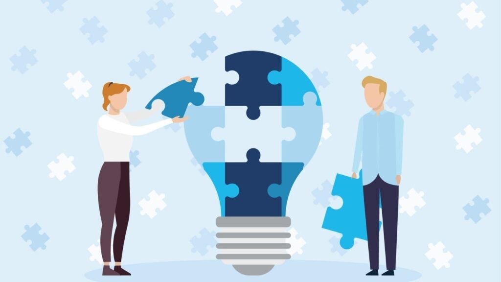 Illustration showing people assembling a puzzle lightbulb to represent fluid intelligence.