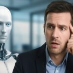 Professional worried beside a robot, symbolizing AI’s impact on job security.