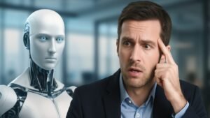 Professional worried beside a robot, symbolizing AI’s impact on job security.