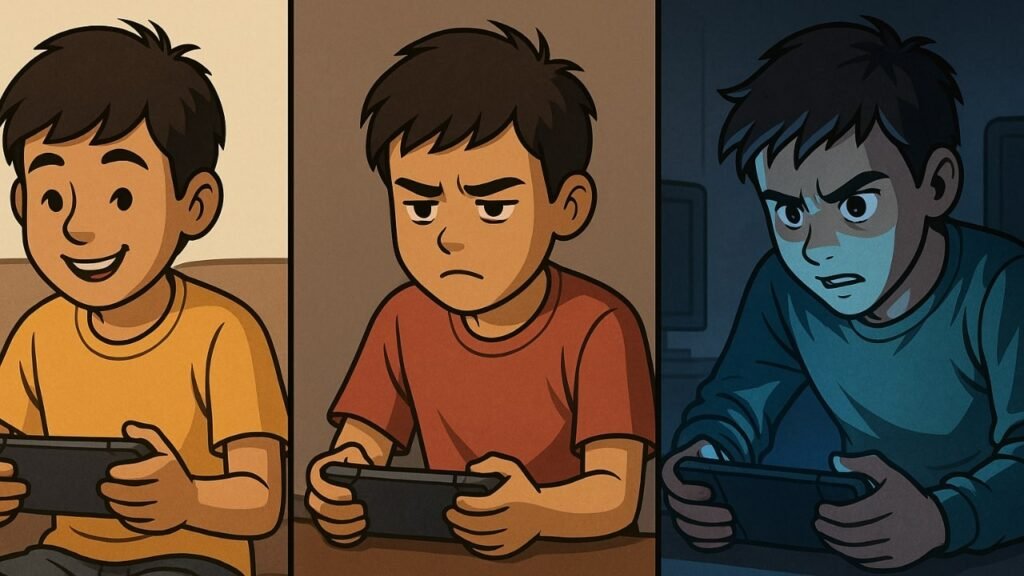 Illustration showing stages of online game addiction effects, from casual gaming to obsessive behavior in a child.