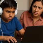 Worried Indian mother watching her son intensely play online games, showing online game addiction effects.