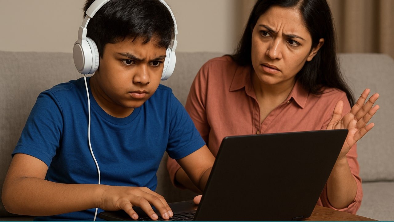 Worried Indian mother watching her son intensely play online games, showing online game addiction effects.
