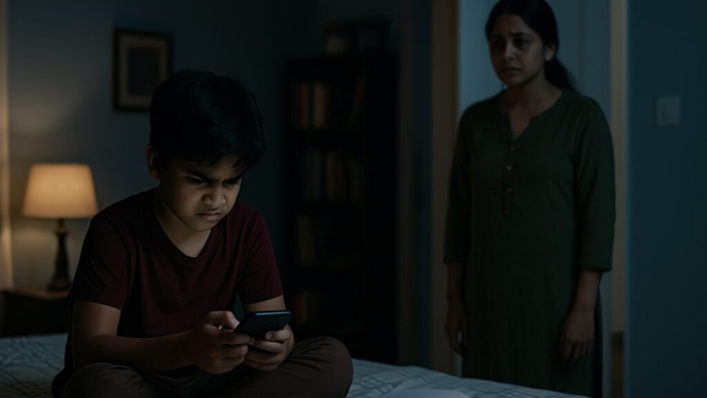 Worried mother watches her son absorbed in a glowing phone, showing early signs of online game addiction effects.